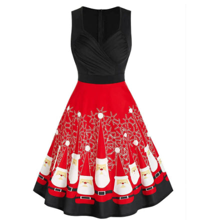 Christmas Women's Fur Patchwork V-neck Long Sleeved Dress