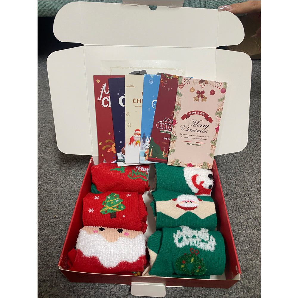 Christmas Socks Gift Set – 6 Pairs of Santa & Holiday Crew Socks with Gift Box and Cards