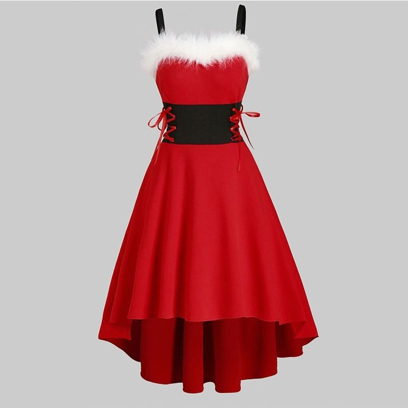 Christmas Women's Fur Patchwork V-neck Long Sleeved Dress