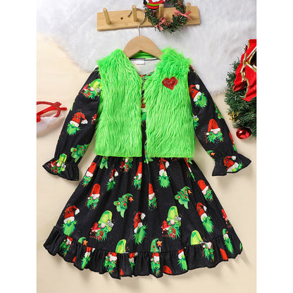 Girls' Christmas Dress & Faux Fur Vest Set –  Fuzzy Vest Holiday Outfit