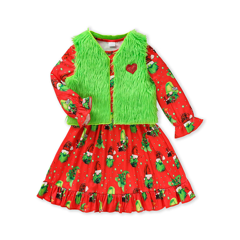 Girls' Christmas Dress & Faux Fur Vest Set –  Fuzzy Vest Holiday Outfit