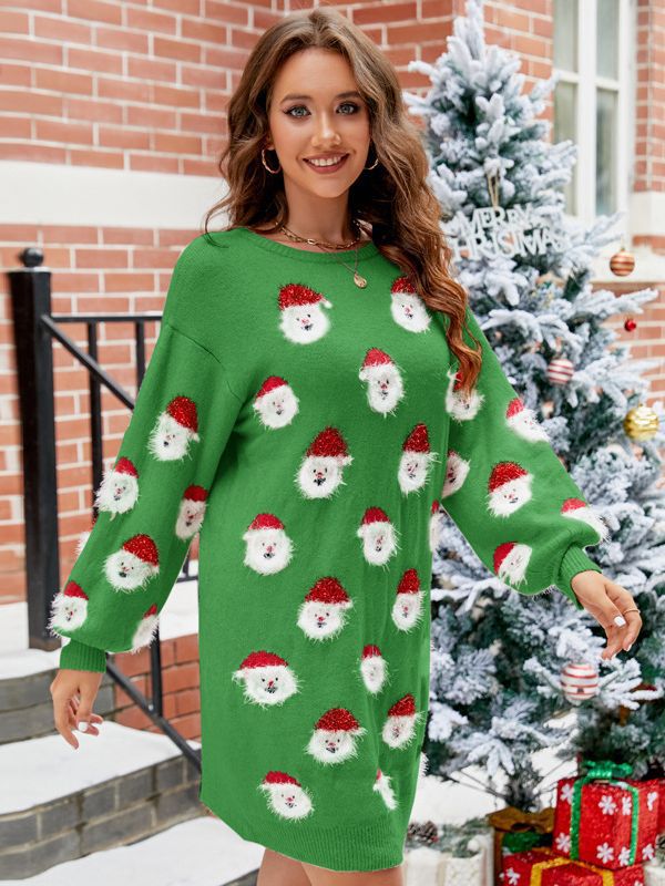 Women's Santa Claus Christmas Sweater Dress – Green Oversized Knit Holiday Pullover