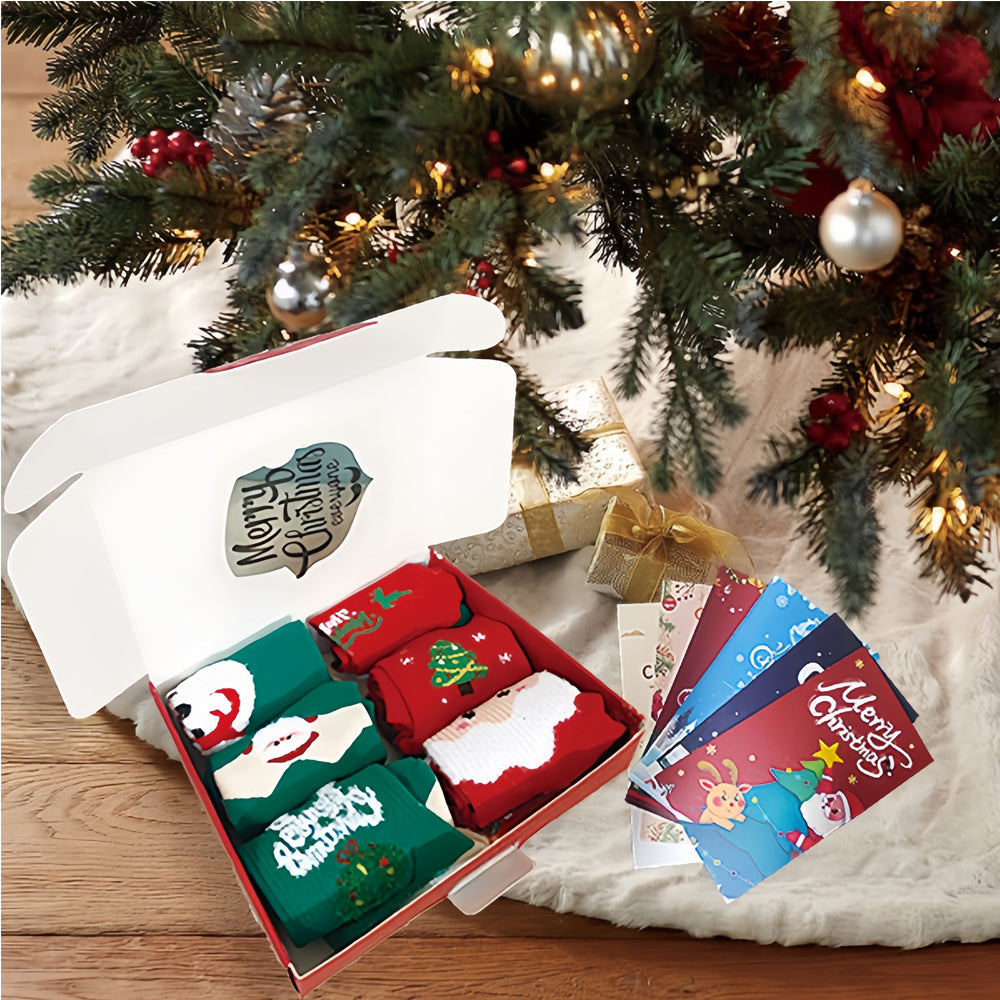 Christmas Socks Gift Set – 6 Pairs of Santa & Holiday Crew Socks with Gift Box and Cards