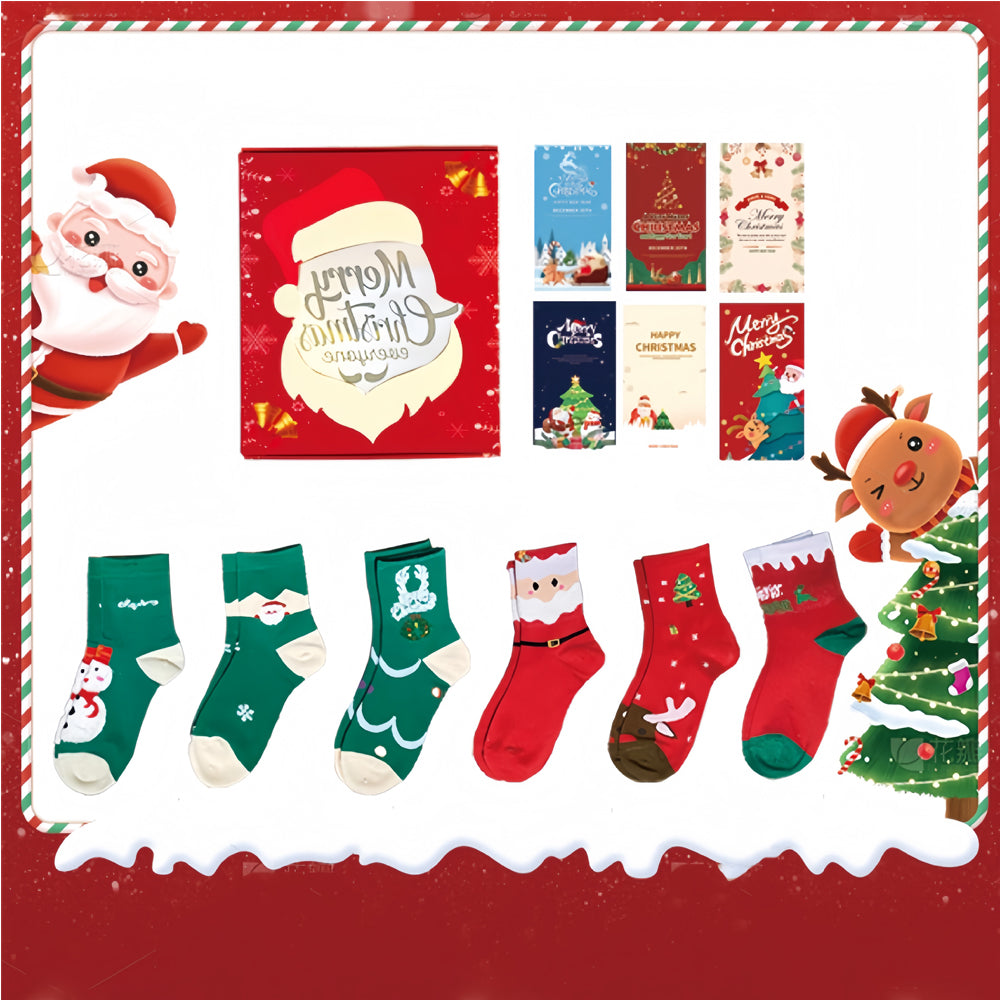 Christmas Socks Gift Set – 6 Pairs of Santa & Holiday Crew Socks with Gift Box and Cards